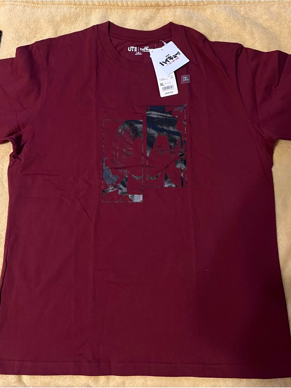 Uniqlo Burgundy Crew Neck Graphic Tee with Black Gloss Print